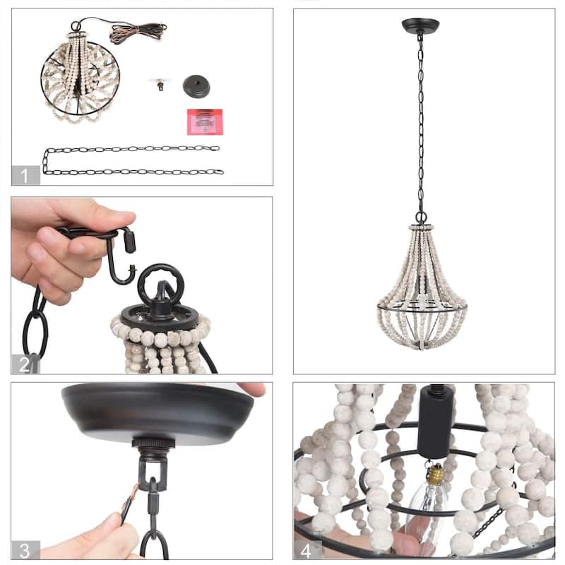 Farmhouse 1-Light Wood Beads Mini Chandelier Boho Pendant Light for Kitchen Island - Dia. 10" x H 15"