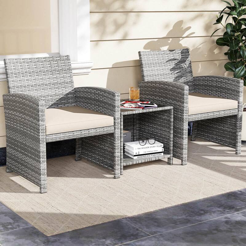 Costway 3 PCS Patio Furniture Set with Tempered Glass Coffee Table & - See Details - White