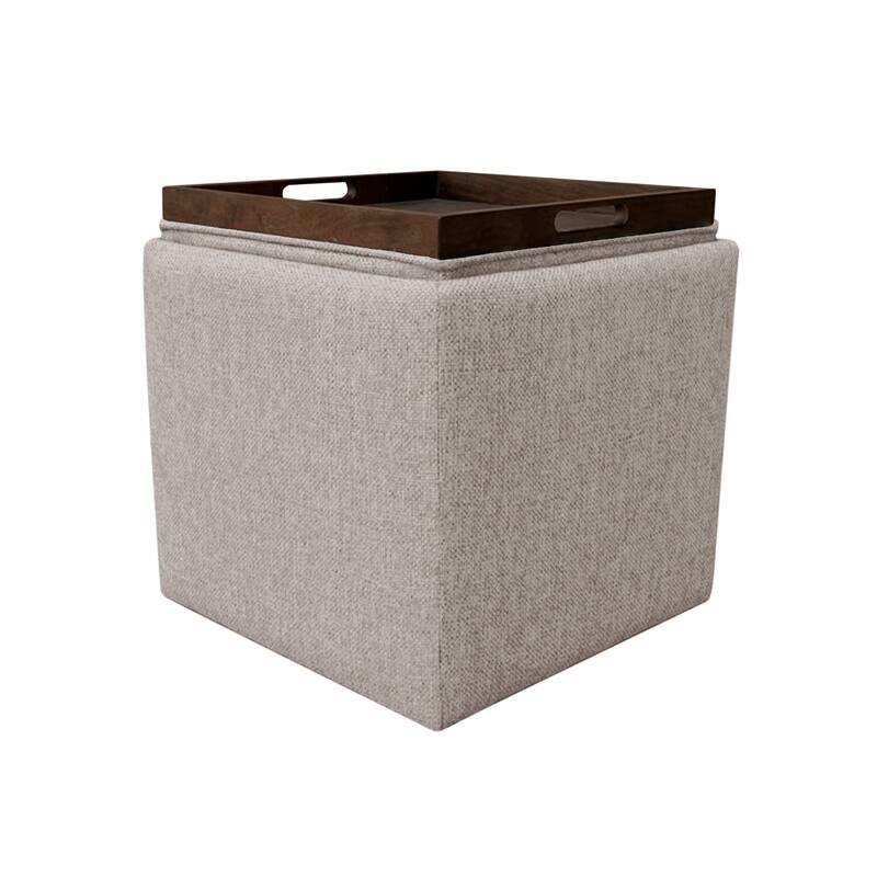 Soa 18 Inch Square Tray-Top Storage Ottoman in Light Brown Woven Fabric