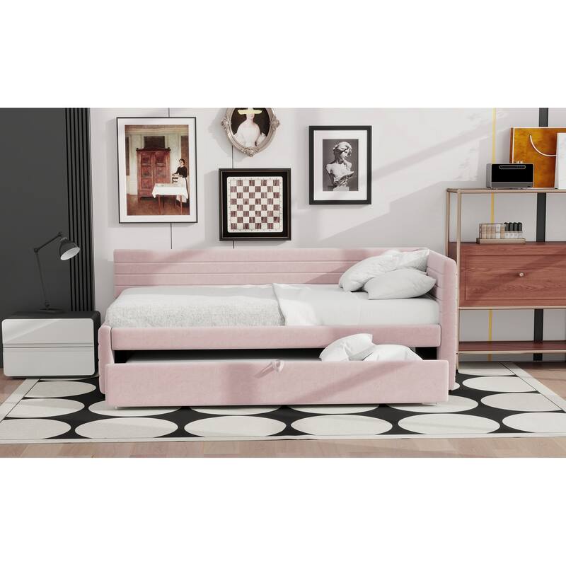 Twin Size Upholstered Daybed with Roll-Out Trundle, Space-Saving Wooden Frame, No Box Spring Needed