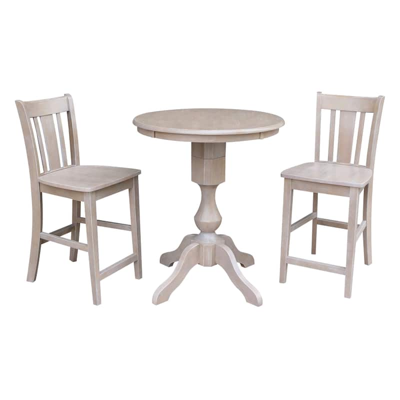 Round Pedestal Counter Height Table and 2 San Remo Stools - Washed Gray Taupe