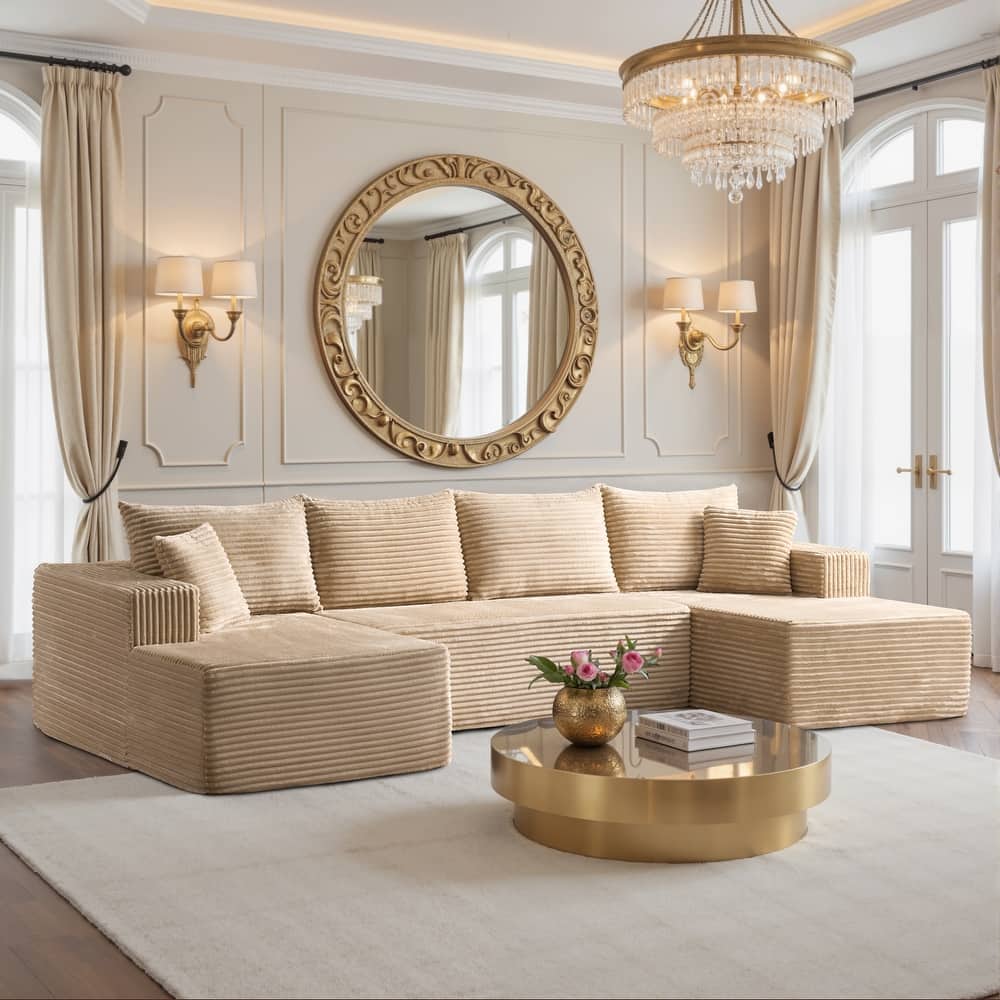 HOOOWOOO Modern Push Corduroy Fabric Sectional Sofa Couch with Pillows