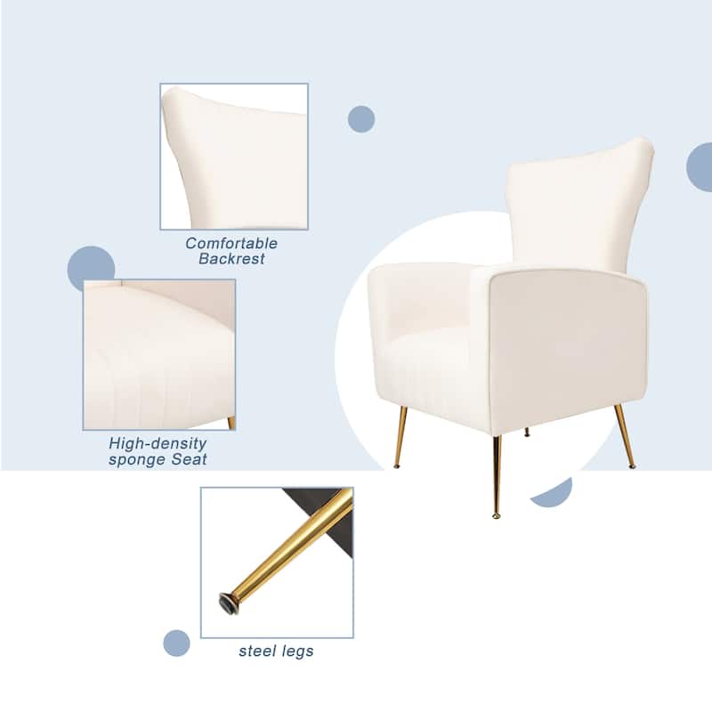 White Modern 29.9" Upholstered Wingback Arm Chair with Gold Legs for Living Room