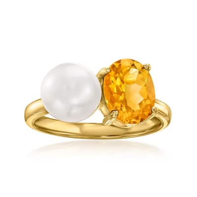 18K Yellow Gold Over Sterling Silver Golden Citrine, Pearl Ring