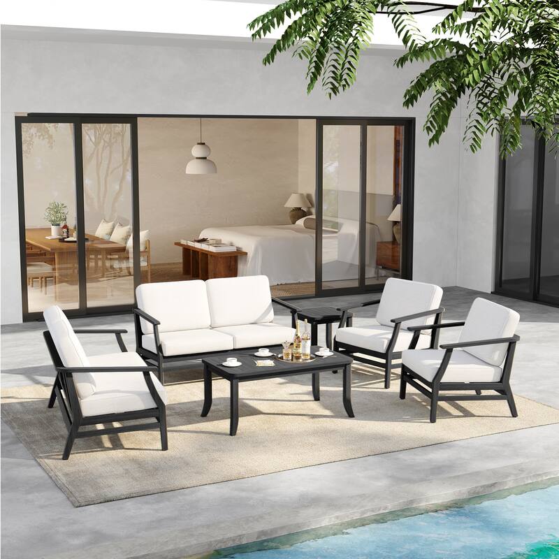 6-Seat Outdoor Teak Wood Patio Conversation Set with Cushions Tables
