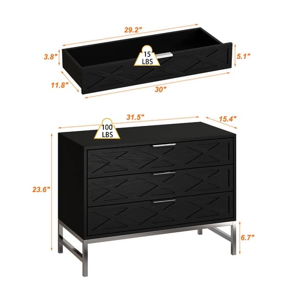 dimension image slide 0 of 2, 31.5 Inch Wide Nightstand with 3 Drawers Black Wooden Bedside Table