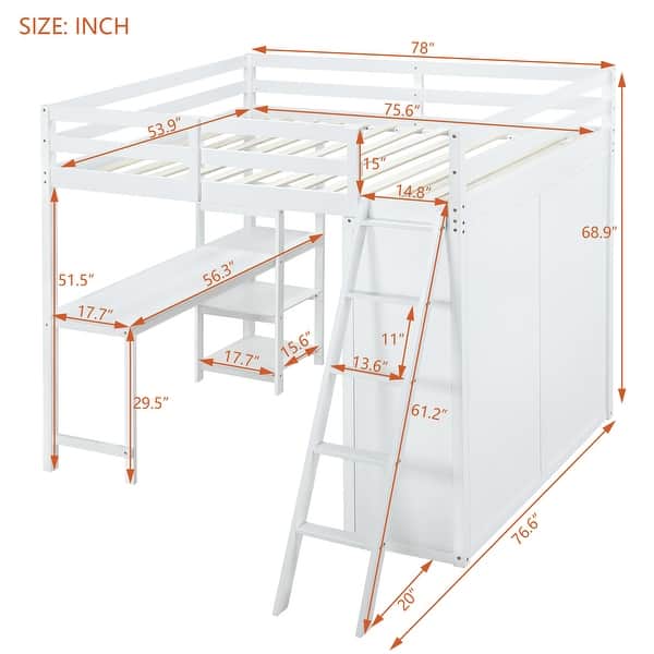 Full Size Loft Bed with Wardrobe, Desk and Shelves, White