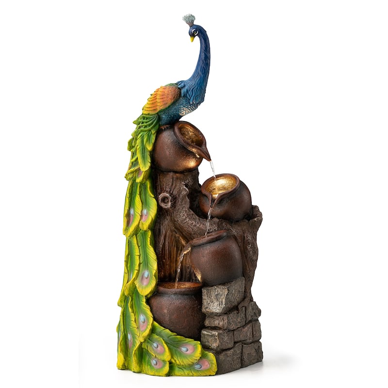 Glitzhome 40"H Oversized 4-Tier Peacock Jars Polyresin LED Lighted Outdoor Floor Fountain