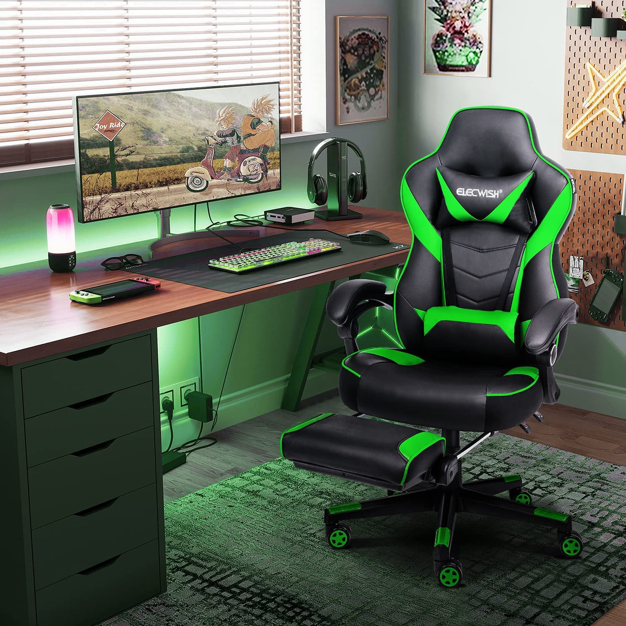 Green gaming best sale chair with footrest