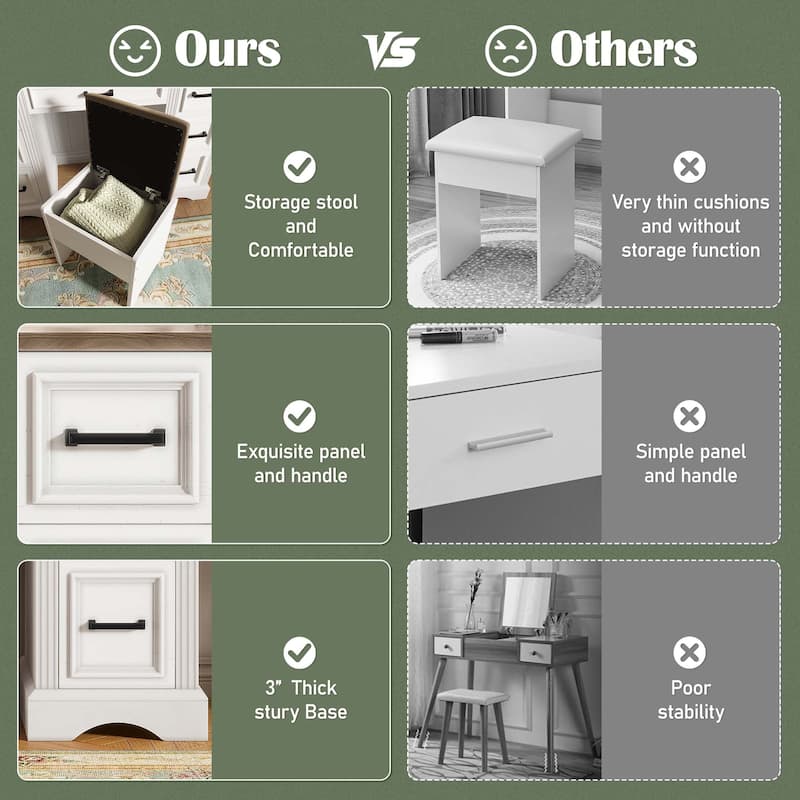 47.2" Farmhouse Makeup Vanity Desk with Sliding Mirror, Large Vanity Set with LED Lights