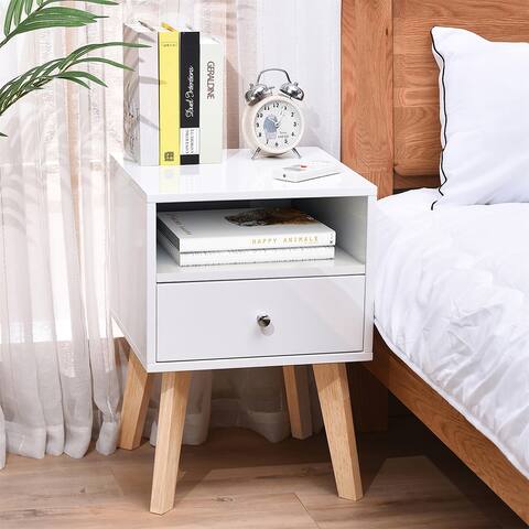 Nightstand Side Table W/ Storage Drawer & Open Shelf Solid Wood, White