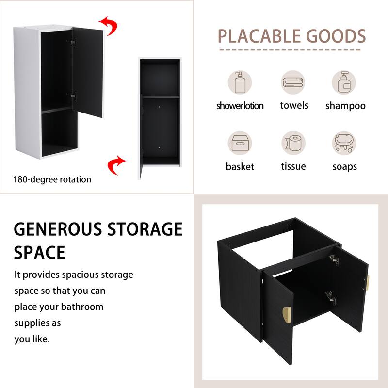 24" Wall-Mounted Bathroom Vanity With Ceramic Sink and Side Cabinet, Soft Close Doors, Combination Cabinet
