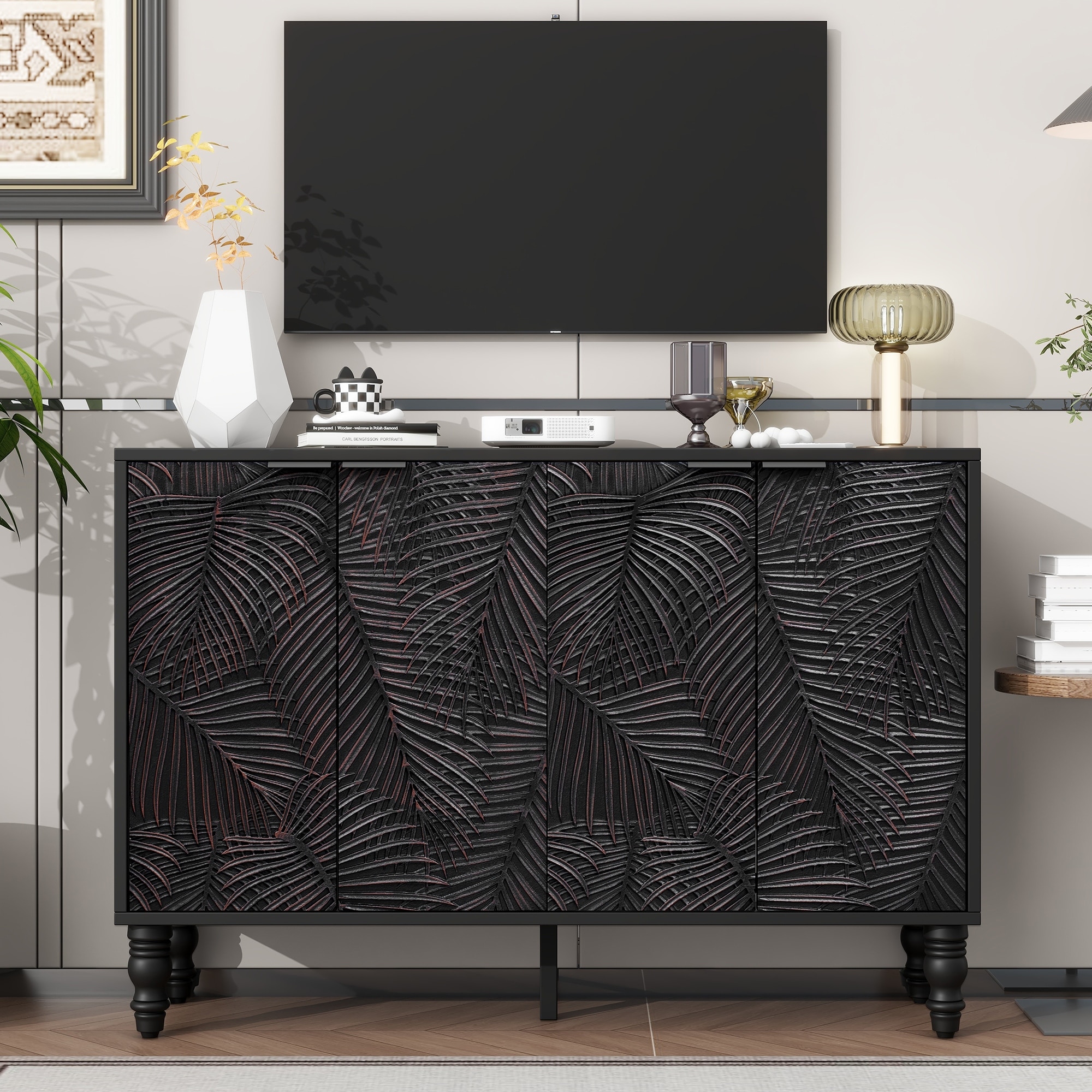 TV Stand with Leaf-Pattern Doors & Adjustable Shelves, Roman Column Legs