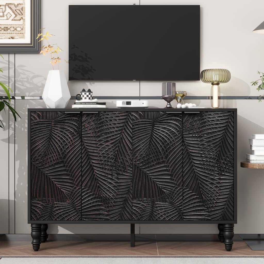 TV Stand with Leaf-Textured Cabinet Doors, Entertainment Center with Adjustable Shelves, Media Console with Wood Legs