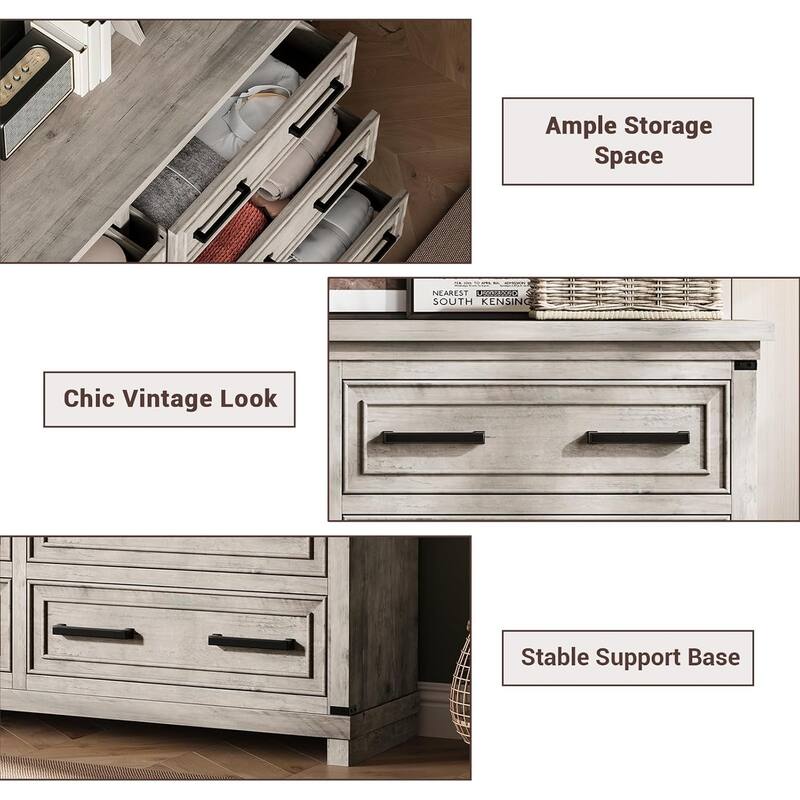 6 Drawer Dresser for Bedroom, 55” Rustic Wood Chest of Drawers
