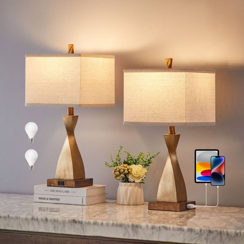 KAWOTI 22inch Table Lamp Set with USB Ports, AC Outlet, Bulb(Set of 2) - W10" * H22" - W10" * H22"