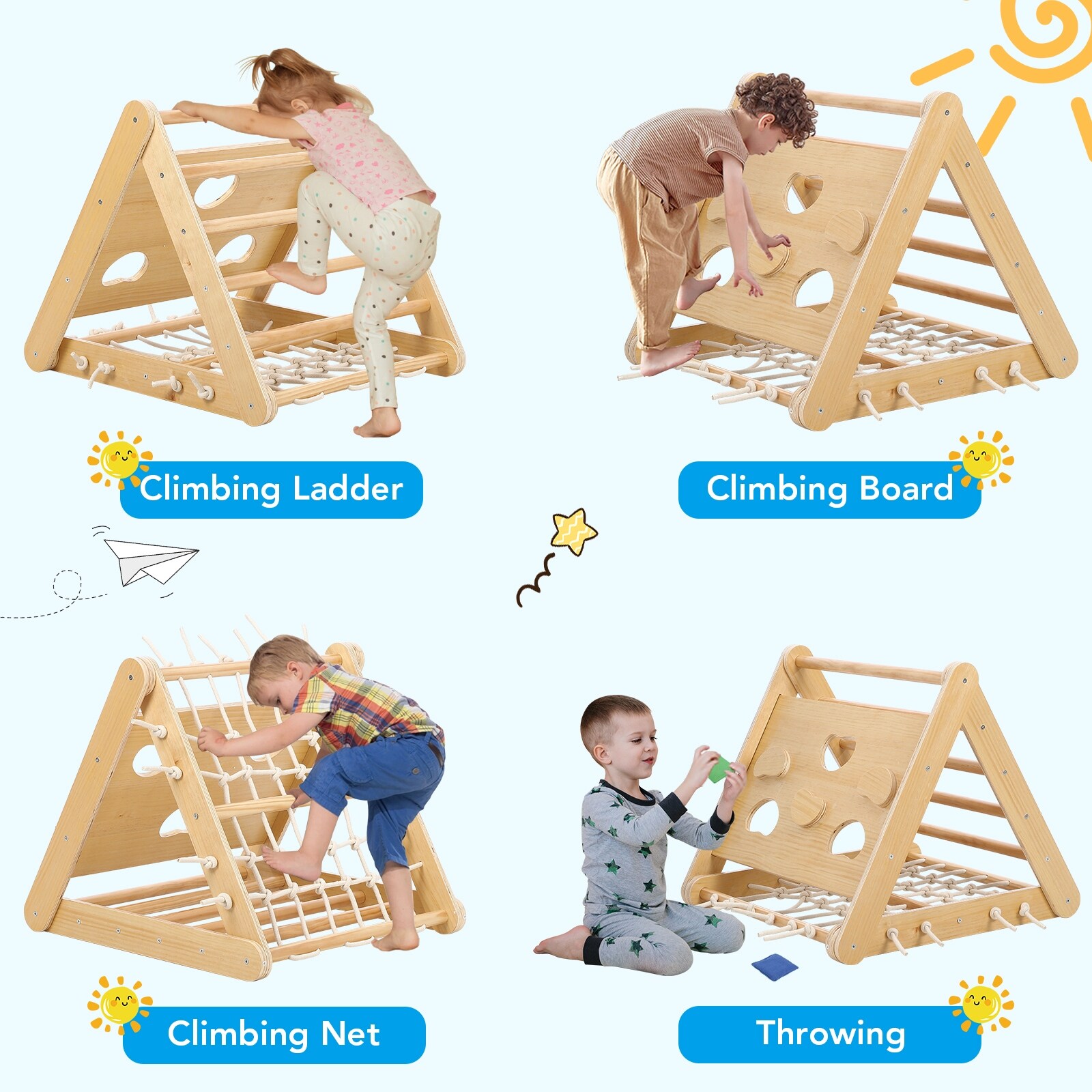 GIMMYFIVE 3 in 1 Wooden Climbing Toys,Kids Indoor Gym Playset, 3