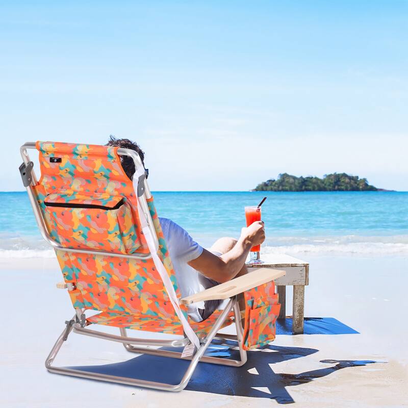 2-Piece Lightweight 5-Position Folding Lay Flat Beach Chairs with Tower Bar