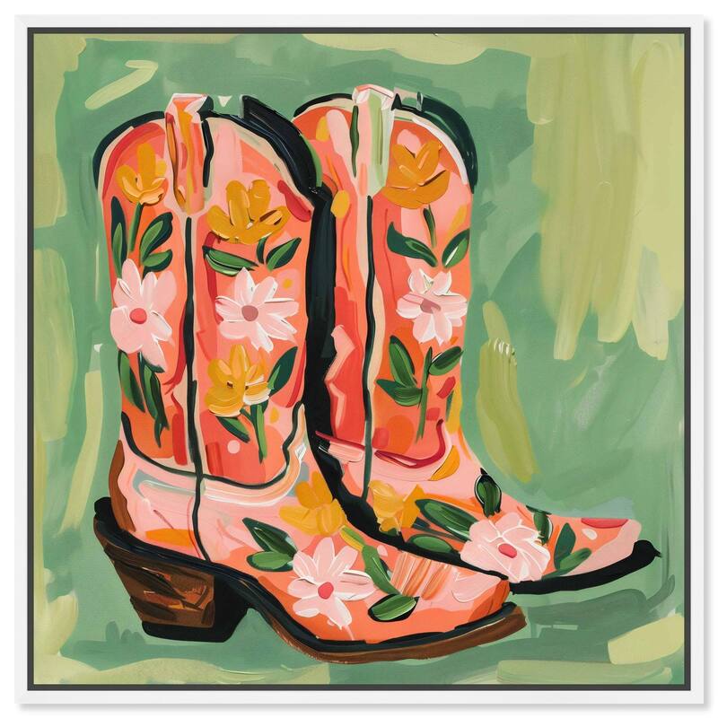 Wildflower Cowboy Boots Canvas by Art Remedy - White - 40" x 40"