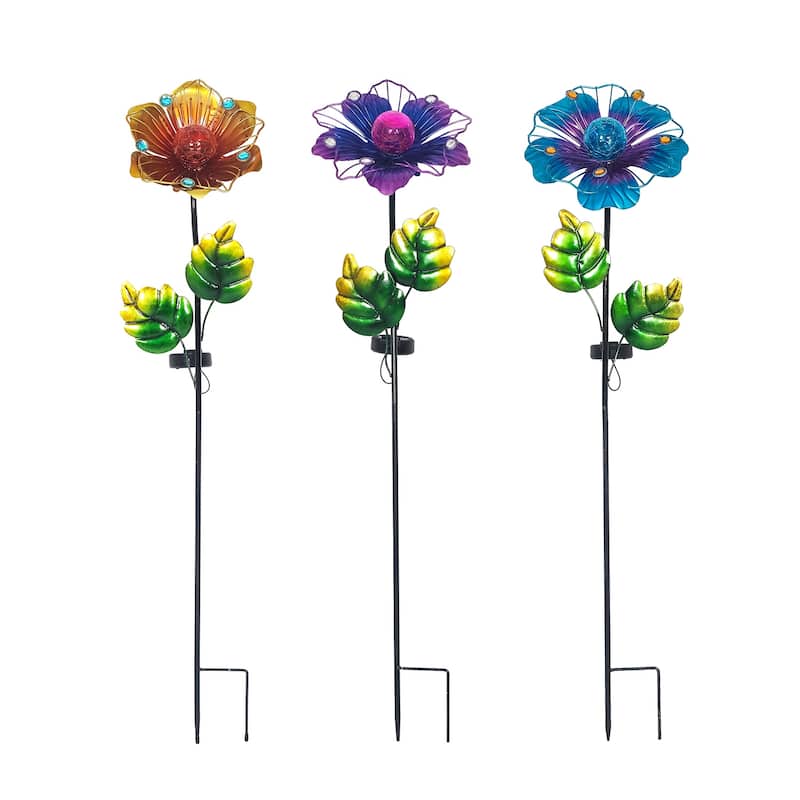 Adeco Set of 3 Solar LED Metal Flowers Garden Stakes