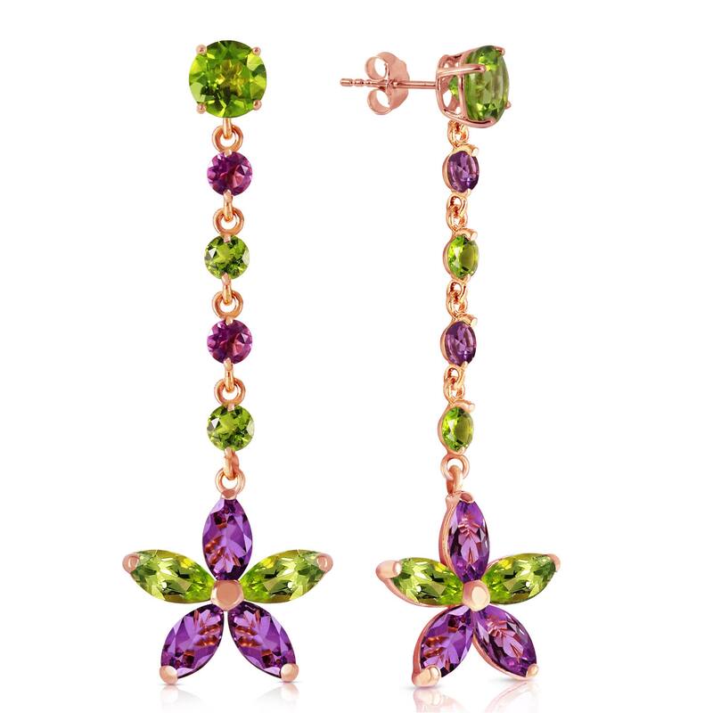 14K Solid Gold Chandelier Gemstone Earrings w/ Peridot & Amethyst - Rose