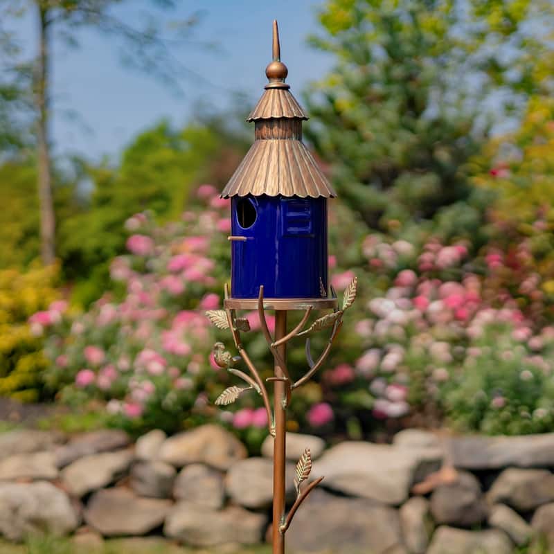 69" Tall Iron & Cobalt Blue Porcelain Birdhouse Stake "Cannes" - 9.25" L x 7" W x 69" H - Brown/Blue