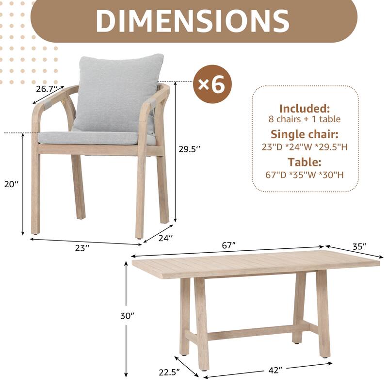 Outdoor Rope Dining Chair and Wood Dining Table Set of 7