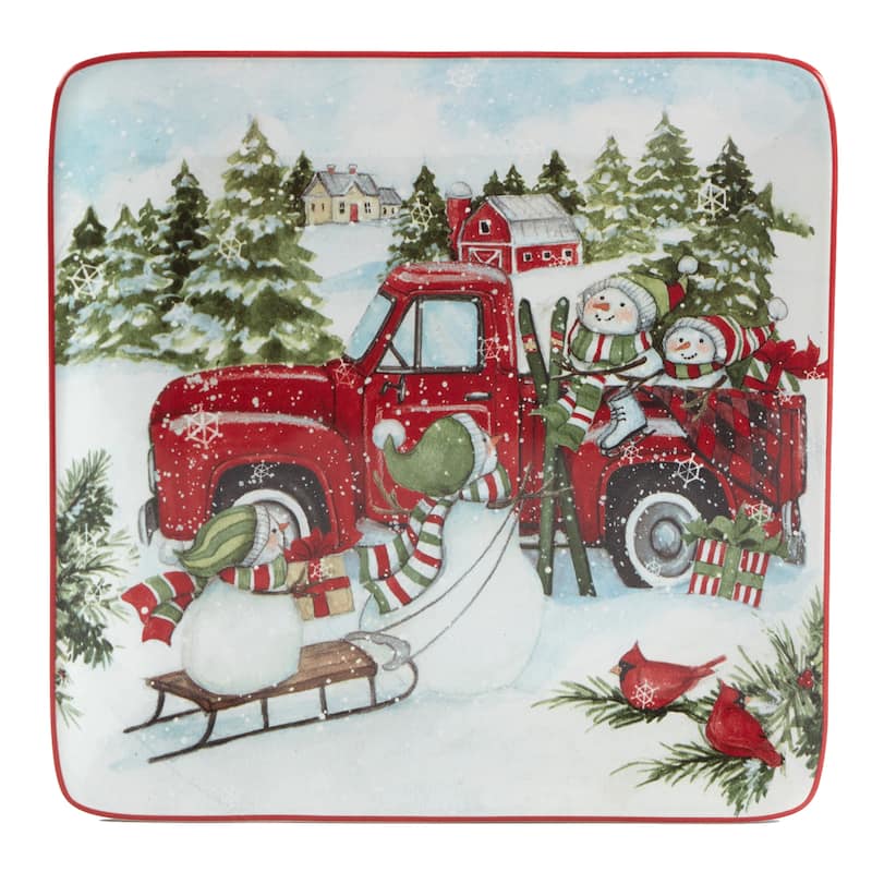 Certified International Red Truck Snowman 8.5" Salad/Dessert Plates, Set of 4