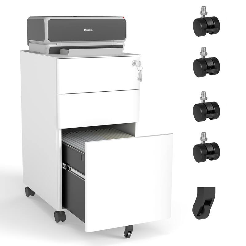 3-Drawer Mobile File Cabinet with Lock, All-Steel Metal Storage on Wheels, Two Shallow & One Deep Drawer, Anti-Tip Design - White