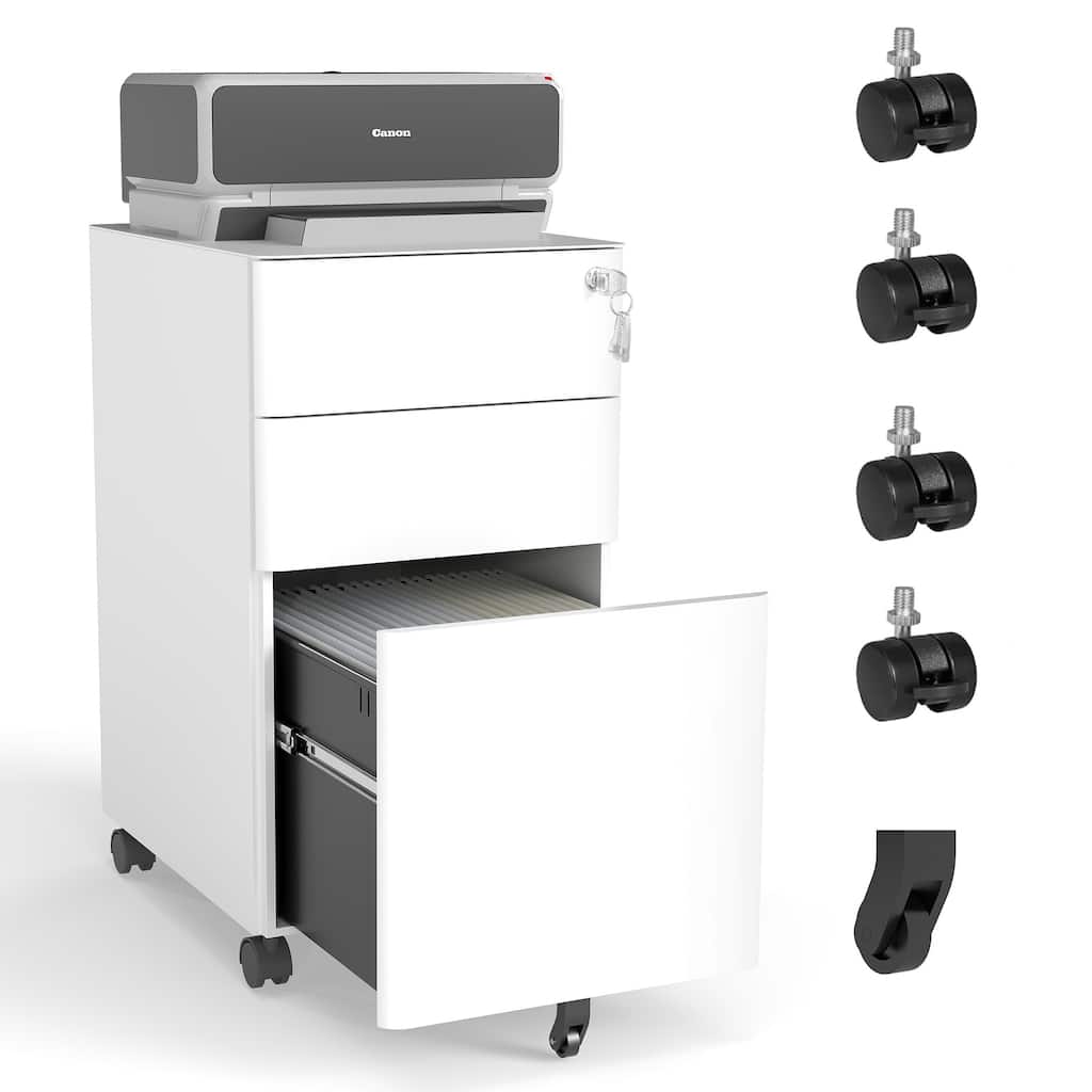3-Drawer Mobile File Cabinet with Lock, All-Steel Metal Storage on Wheels, Two Shallow & One Deep Drawer, Anti-Tip Design
