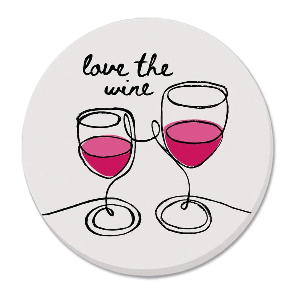 Wine Glass Heart 4 Pack Absorbent Stone Coaster with Protective Cork Backing Made in The USA 4" Round, Easily Wipes Clean