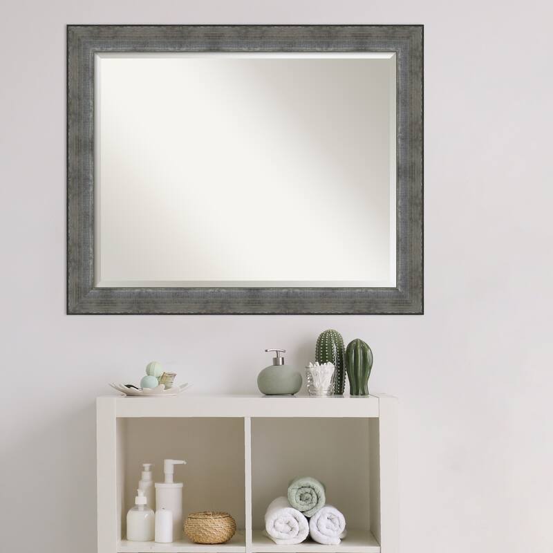 Beveled Wood Bathroom Wall Mirror - Forged Pewter Frame - Forged Pewter