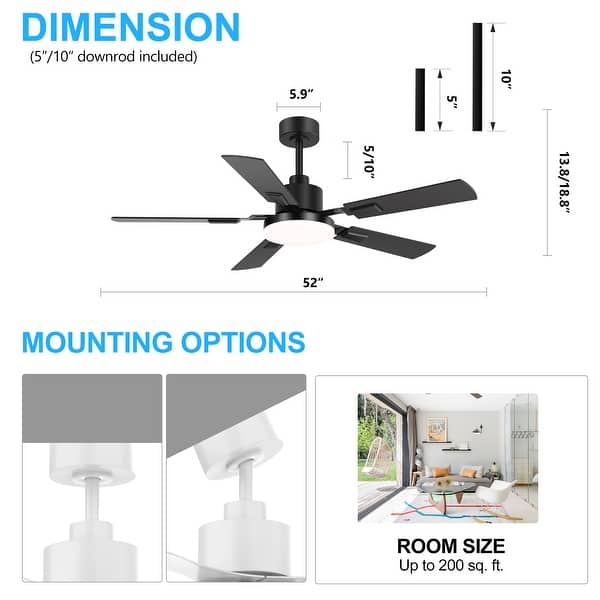 dimension image slide 0 of 3, 48"/52"/60"/72" Modern Black LED Ceiling Fan with Light Remote (3/5/6/8/12 Reversible Blades)