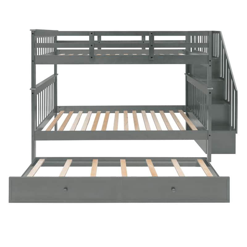 Full Over Full Bunk Bed with Stairway, Twin Size Trundle, Guard Rail and Storage