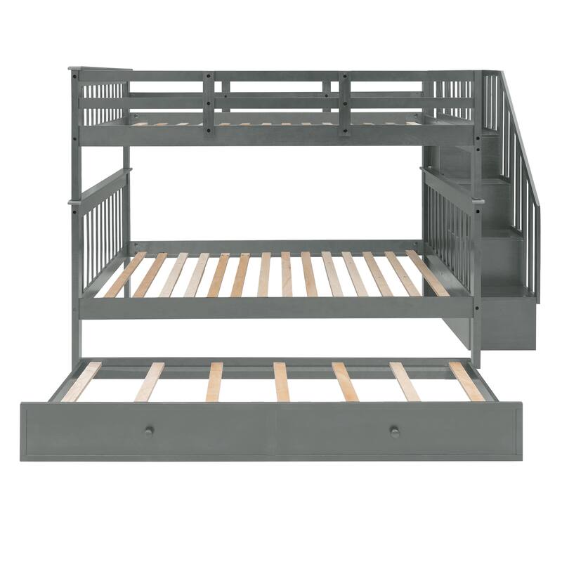 Gray Full-Over-Full Bunk Bed with Twin Trundle, Stairway Storage, Guardrails for Safety, Solid Pine Wood Construction