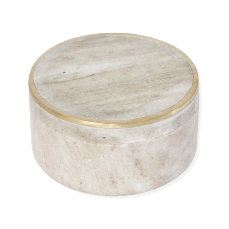 Med. Beige Marble Canister w/ Brass Edge Lid 4"Dia - Beige/Gold