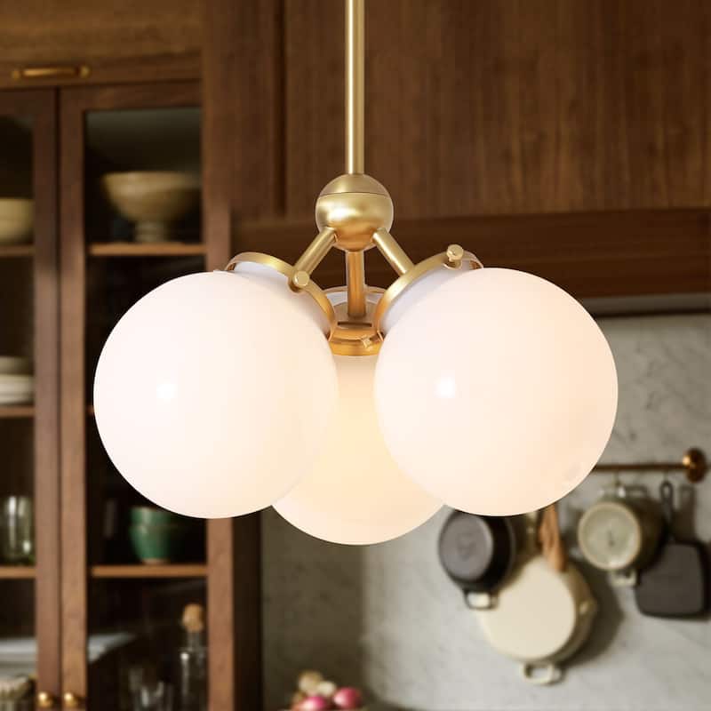 14.2" Mid-Century Modern Gold Sputnik 3-Light Chandelier with Milk Opal Glass Globe Shades for Dining Room & Bedroom - 14.2 in. W x 8.7 in. H x 14.2 in. D - Gold/White