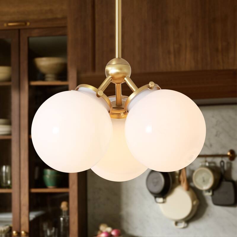 3-Light 14.2" W Mid-Century Modern Brushed Gold Chandelier with Opal Glass Bubble Globe Shades for Living Room, Bedroom