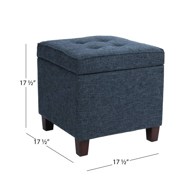 Hery 18 Inch Square Tray-Top Storage Ottoman in Navy Blue Woven Fabric