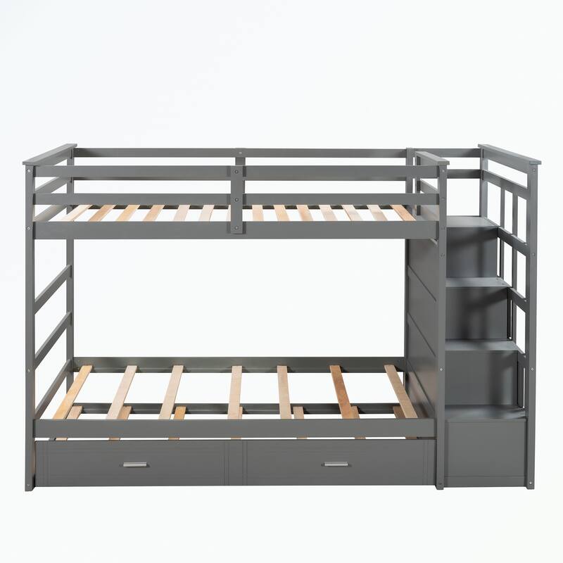 Hardwood Twin Over Twin Bunk Bed with Trundle and Staircase