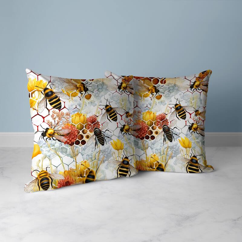 Yellow And Pink Buzzing Bees Indoor/Outdoor Throw Pillow Zipper
