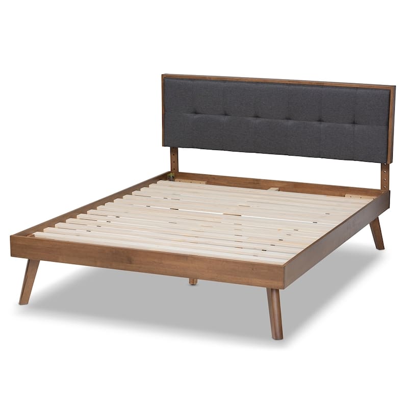 Alke Mid-Century Modern Fabric Upholstered Walnut Brown Finished Wood Platform Bed