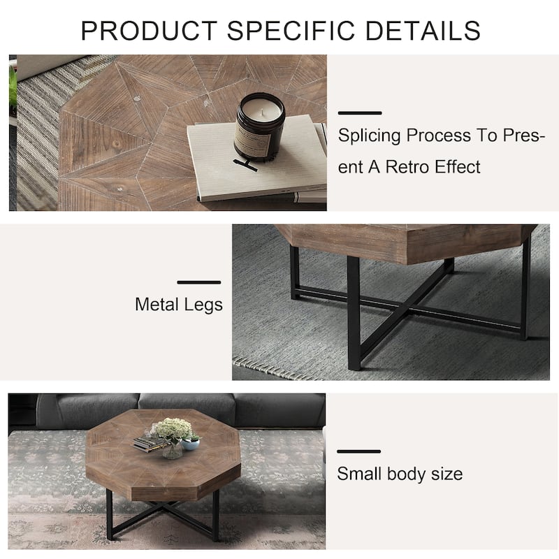 30 Inch Wood Octagonal Vintage Patchwork Craft Farmhouse Coffee Table with Cross Metal Legs
