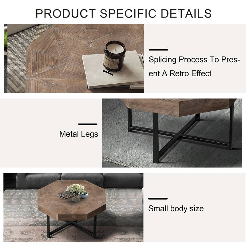 Octagonal Retro Patchwork Farmhouse Coffee Table with Wooden Tabletop Cross Metal Legs, for Living Room Antique Brown