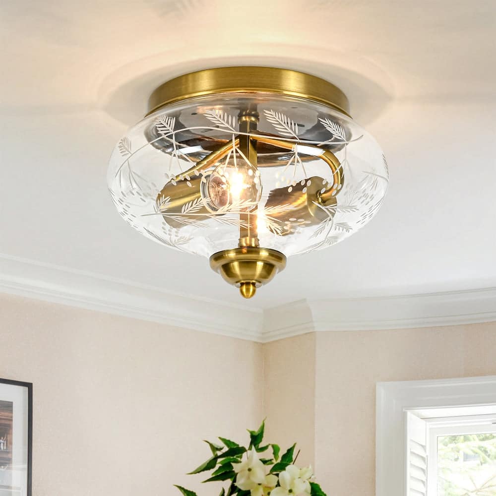 Decorative Round Clear Etched Art Glass Semi Flush Ceiling Light