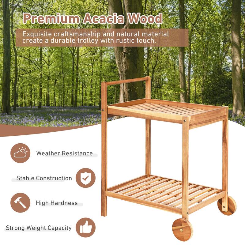 Gymax 2-Tier Acacia Rolling Kitchen Trolley Cart Dining Serving Cart - See Details