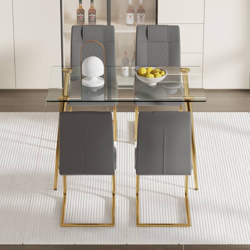 Rectangular Dining Table Set 4 Chairs Tempered Glass Top Gold Metal Legs Modern