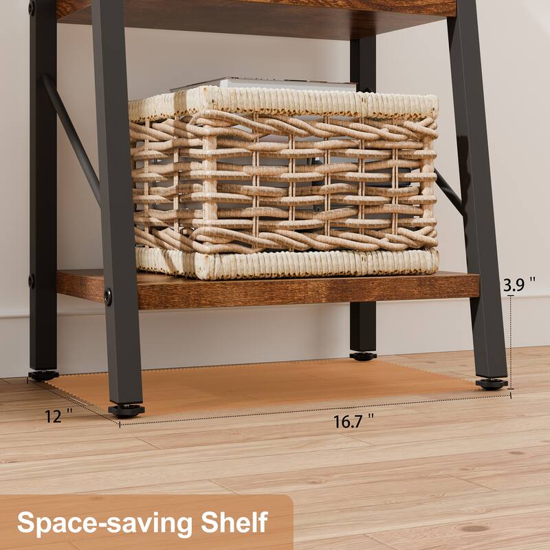 5-Tier Slanted Bookshelf with Fabric Drawer, Wood Storage Shelf