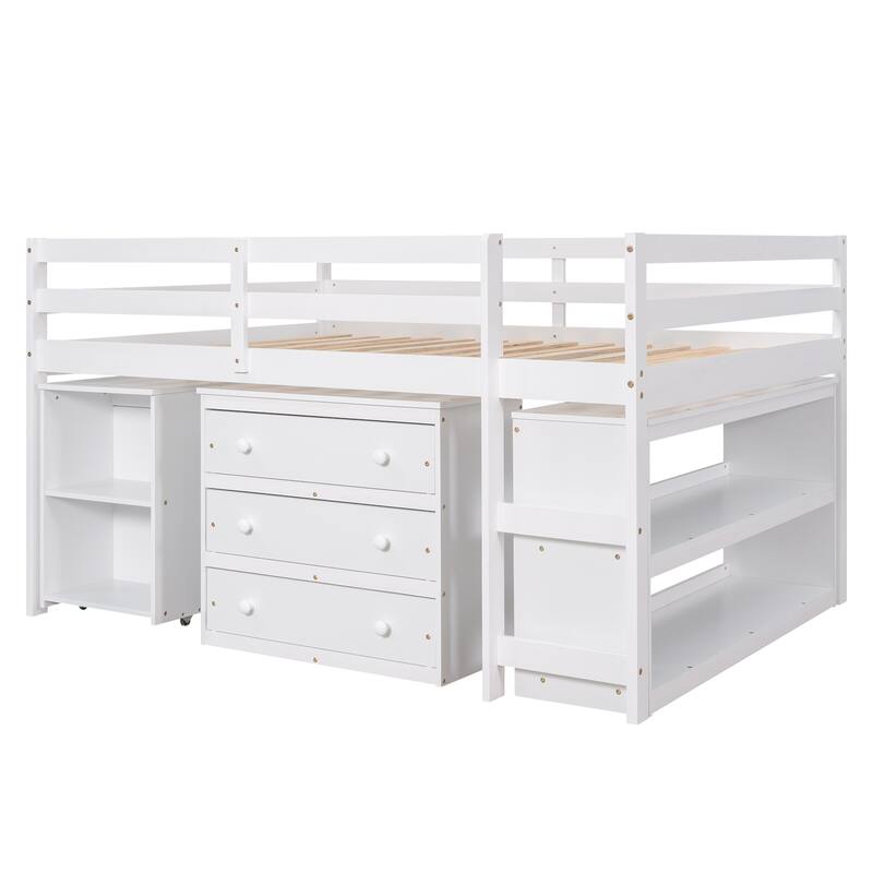 Multifunctional Full Loft Bed with Cabinet, Shelves & Rolling Desk - Space Saving White