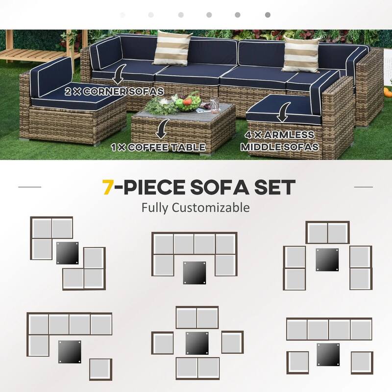 7PCS Patio Sectional, All Weather PE Rattan Sofa Coffee Table